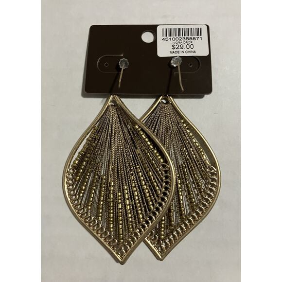 Chicos Statement Pierced Earrings Gold Tone Beaded String Art Metal Frame 3” NWT - Picture 2 of 3